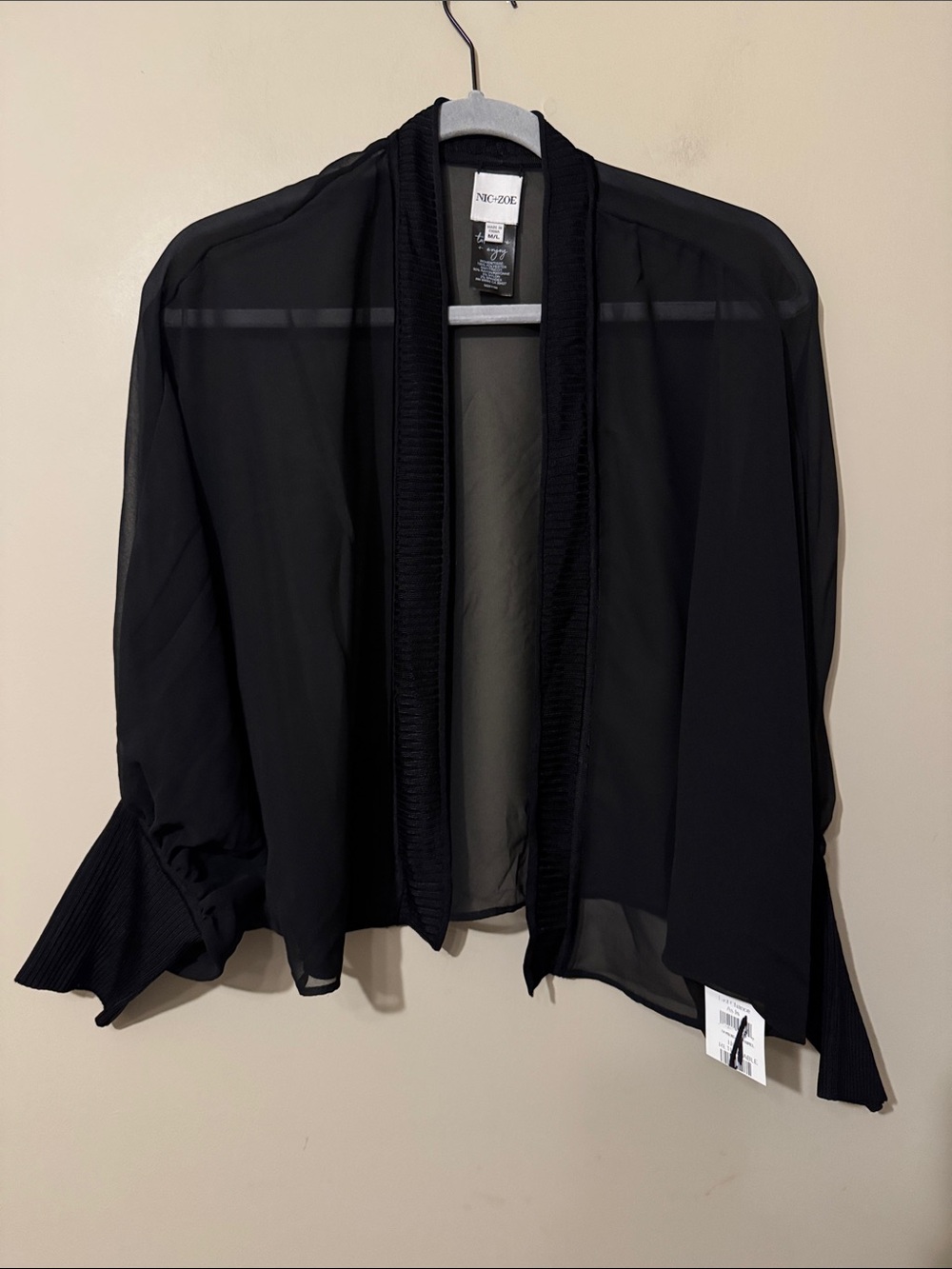 NWOT- NIC+ZOE Chiffon Crush Mixed Media Cardigan, Black, size M/L - Picture 5 of 12